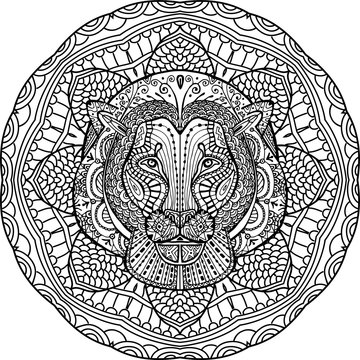 Painted lion on a background of circular pattern. 