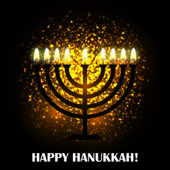 Hanukkah greeting card with candles and menorah (traditional Candelabra). Happy Hanukkah, Jewish holiday background. Vector Hanukkah background with menorah