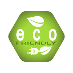 Electric plug with leaf vector hexagon icon with recycling sign on the green gradient background.