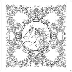 Horse in vintage decorative floral mandala frame.