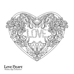 Decorative Love Heart. Coloring book for adult. Outline drawing coloring page.