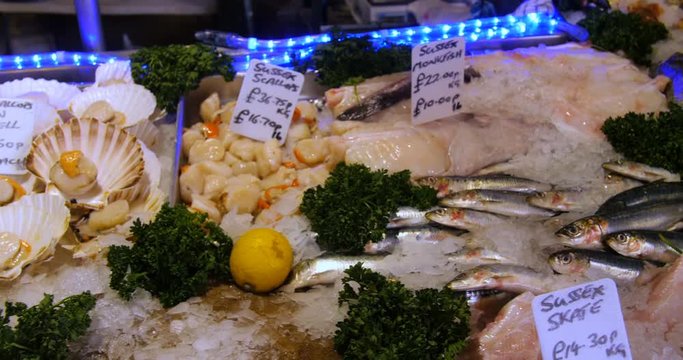 Panning view of a display of fish and seafood in a fish monger stand