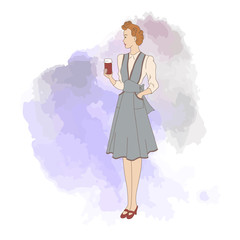 Retro girl in a blue apron holding a jar of jam