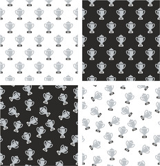 Trophy Or Cup Aligned & Random Seamless Pattern Silver Color Set
