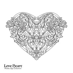 Decorative Love Heart with floral decorative vintage pattern. Coloring book for adult. Outline drawing coloring page.