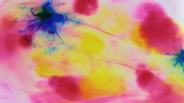 Colorful ink in water, ink drop. Falling blue ink in water with red and yellow ink.