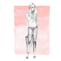 Watercolor fashion sketch. Full length girl.  Black and white woman on pink background 
