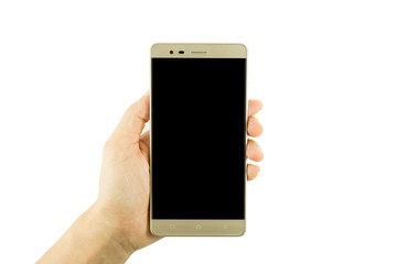 Woman hand holding the golden smartphone, isolated on white background