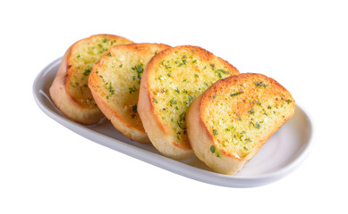 garlic bread in white plate on white background