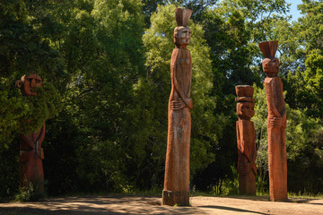Chamemules, wooden statues at Nielol hill, Temuco (Chile)