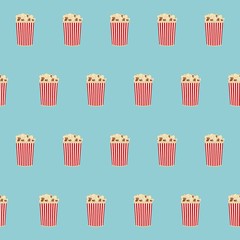 Popcorn seamless pattern. There is red and white boxes of popcorn on a blue background in the picture. Vector illustration