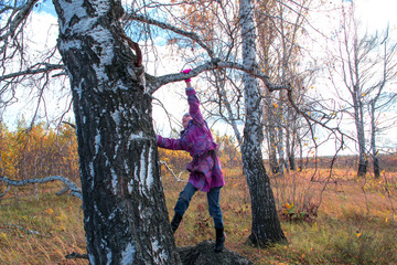 Little girl in the forest climbs a tree