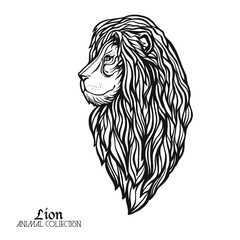 Ethnic patterned ornate hand drawn head of Lion. Black and white