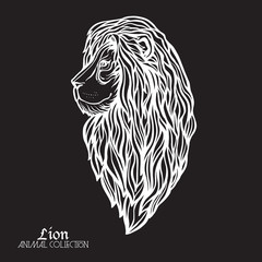 Ethnic patterned ornate hand drawn head of Lion. Black, and, whi