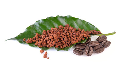 instant coffee with leaves coffee on white background