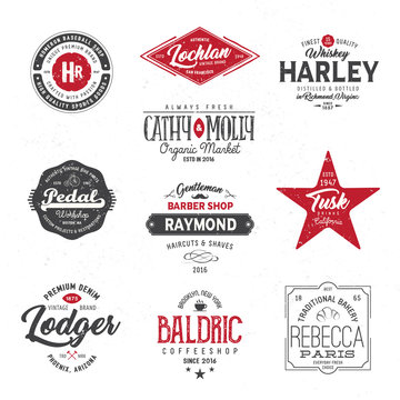 Vintage logo set. Vector label, insignias, badges, signs, business brand design. T-shirt graphics. Texture effect can be turned off.
