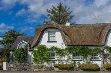 Fototapeta na wymiar Thatched Irish cottage and blue sky.