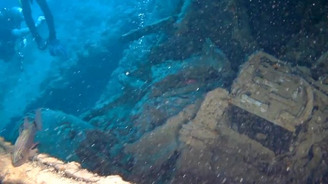 Old Vehicle Batteries emerging from the silt in Hold No2 of the SS Thistlegorm Ship Wreck in the Red Sea