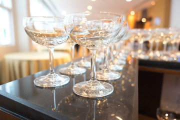 Empty wine glasses on table
