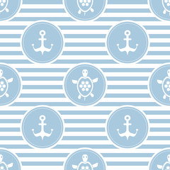 Seamless nautical pattern with turtles and anchors, striped background - 126006336