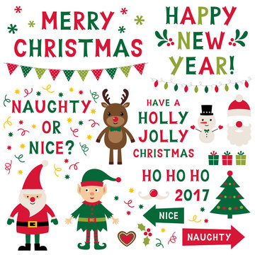Christmas isolated characters (Santa, elf, reindeer) and lettering set, text in hand lettered font