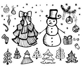 Hand drawn Christmas trees and snowman