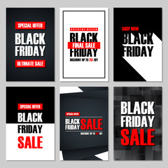 Set of Black Friday Sale banners. Special offer, discount up to 75% off, shop now, ultimate sale. Banners for business, promotion and advertising. Vector illustration.