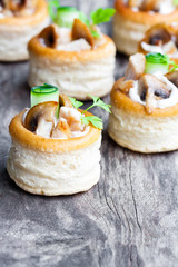 vol-au-vents  puff pastry cases filled with mushrooms and chicke
