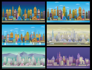City Game Backgrounds Set ,2d game application. Vector Illustration for your application , project. Day and night town.