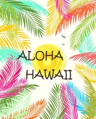 Aloha Hawaii summer beach party poster with colorful palm leaves and sun