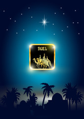 Stylized Biblical Christmas etude: three Wise Men are visiting the new King of Jerusalem Jesus Christ after His birth
