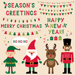 Christmas characters (Santa, Elf, reindeer, nutcracker) and lettering, text in hand lettered font