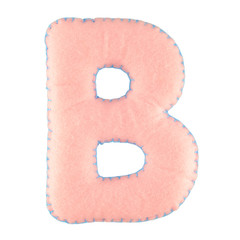 B- letter from pink felt. Collection of colorful handmade English alphabet isolate on white...