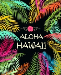 Naklejka premium Aloha Hawaii summer beach party poster with colorful palm leaves