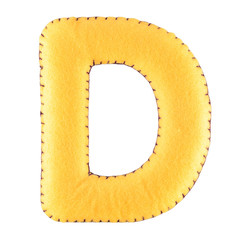 D- letter from yellow felt. Collection of colorful handmade English alphabet isolate on white...