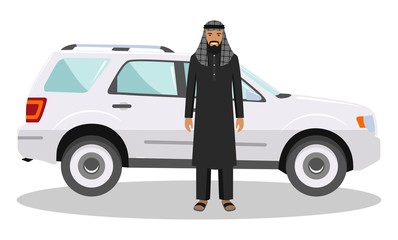 Social concept. Arab man standing near the car in traditional islamic clothes. Detailed illustration of automobile and saudi arabic man on white background in flat style. Vector illustration.