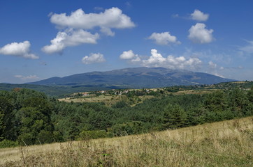 Panoramic view of advance summer with village Plana in the mountain Plana by Vitosha, Bulgaria  