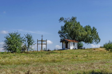 Fototapeta na wymiar Beautiful landscape of advance summer with venerable birch tree and old chapel, located in Plana mountain, Bulgaria 
