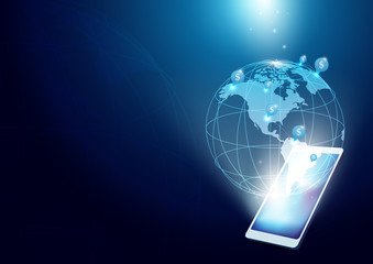 Communication Technology Background. Smartphone with globe holog