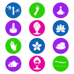  Thai massage. Spa icons set in color. Stock vector. Flat design.