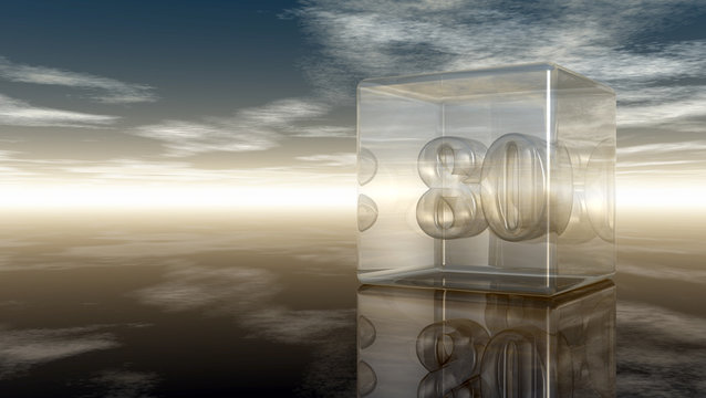 die zahl achtzig in glasw&uuml;rfel unter wolkenhimmel - 3d illustration