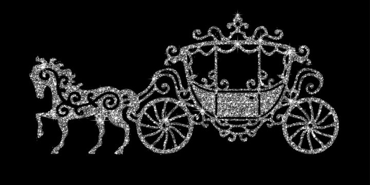 Horse carriage silver silhouette. Vector illustration. Art silver glitter icon. Creative concept for web, glow light confetti, bright sequins, sparkle tinsel, abstract bling, shimmer dust.