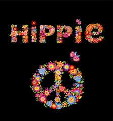 Naklejka na ściany i meble Flower colorful print with hippie lettering and peace flower symbol isolated on black background