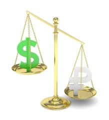 Isolated old fashioned pan scale with dollar and ruble on white background. American and russian currency. Ruble is heavier. Silver rouble, green usd. 3D rendering.