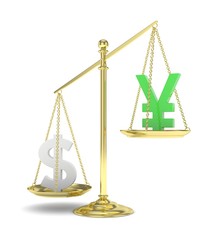 Isolated old fashioned pan scale with dollar and yuan,yen on white background. American and chinese and japanese currency. Dollar is heavier. Silver usd, green yuan. 3D rendering.