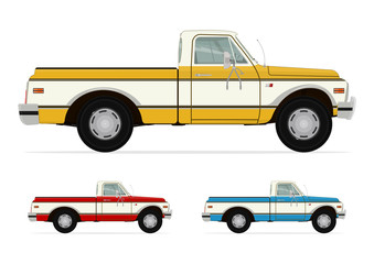 A set of three retro truck in two tone colors. Side view. Flat vector.