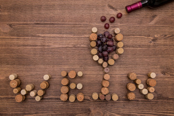 Wine corks closeup "wein" on a wooden background

