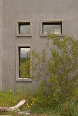 Concrete modern building reflecting farm land