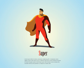 Vector illustration of standing superhero, business power icon, red costume with orange cape, Super Hero cartoon man character