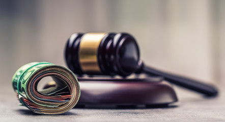 Judge's hammer gavel. Justice and euro money. Euro currency. Court gavel and rolled Euro banknotes....
